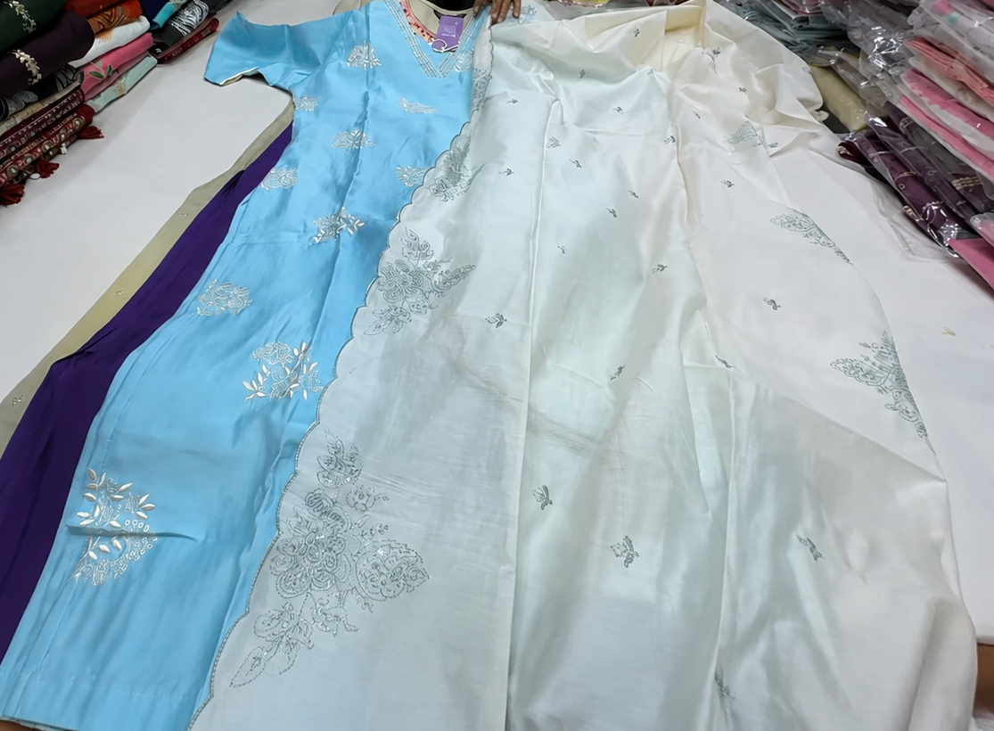Blue embroidered silk kurta with cut work dupatta