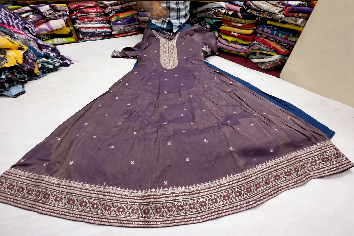 Heavy embroidered shimmer tissue silk anarkali kurta