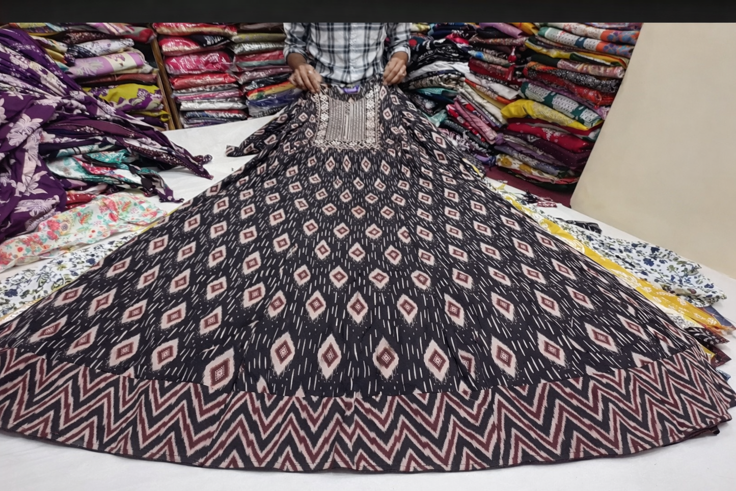 Ikkat print anarklai kurta with embroidered neck work