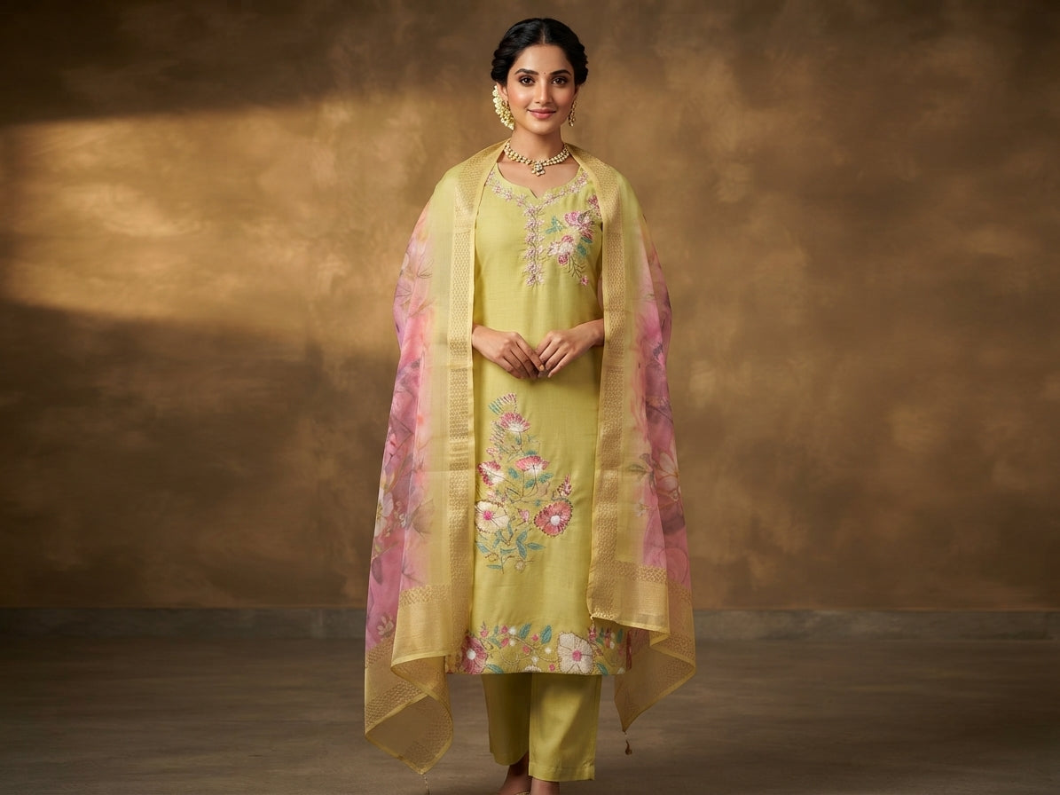 Light yellow glass silk embroidered kurta set