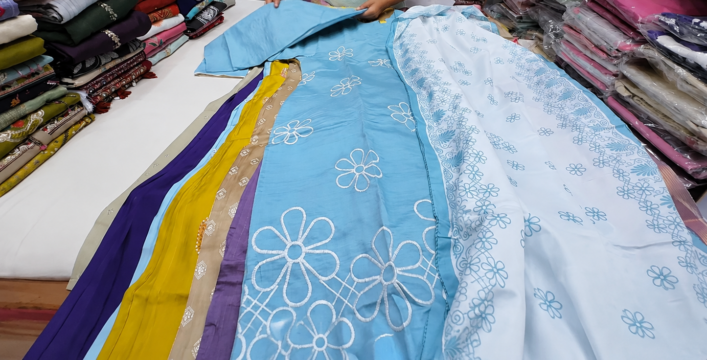Blue embroidered silk kurta with printed dupatta