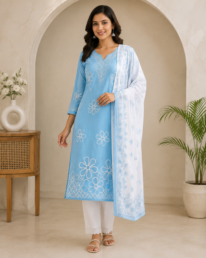 Blue embroidered silk kurta with printed dupatta