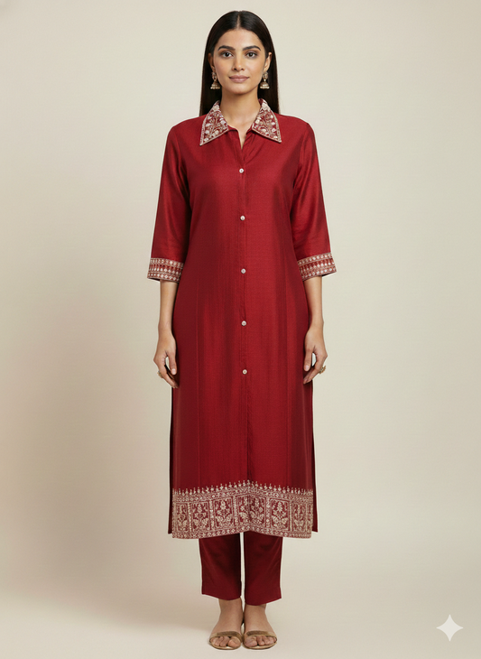 Red silk cord set with embroidered collar