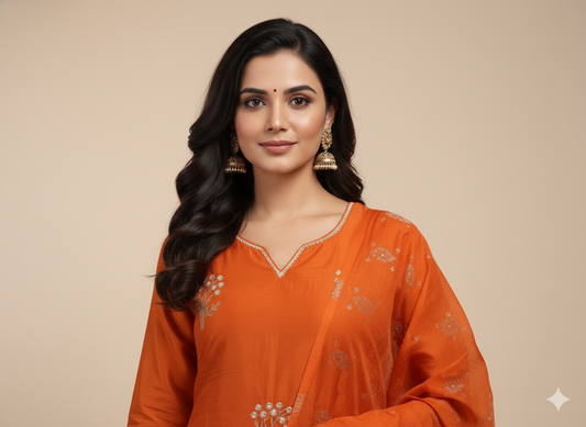 Rust orange silk kurta set with full body embroidered work and zari duppatta