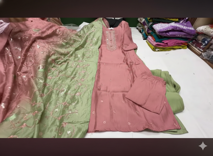 Peach and green silk kurtaset with fully embroidered dupatta
