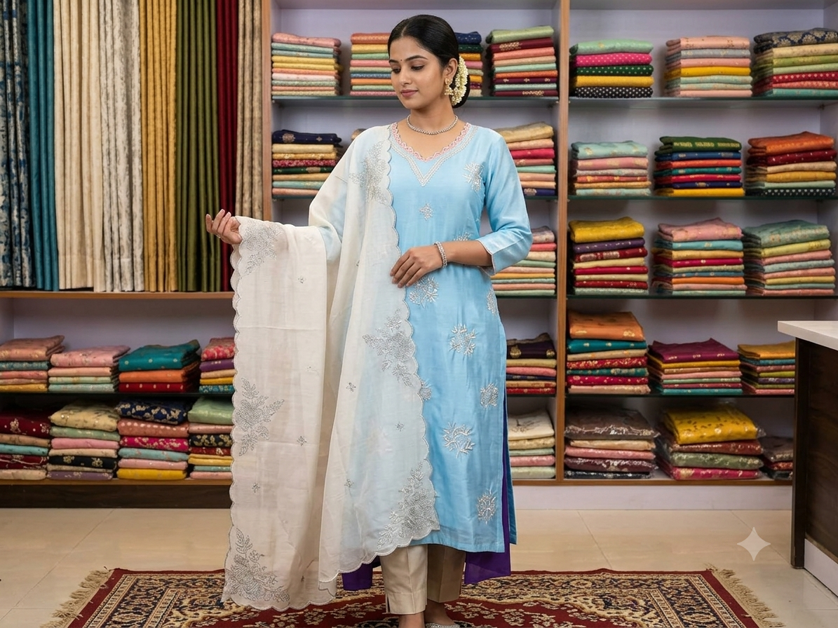 Blue embroidered silk kurta with cut work dupatta
