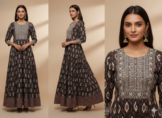 Ikkat print anarklai kurta with embroidered neck work