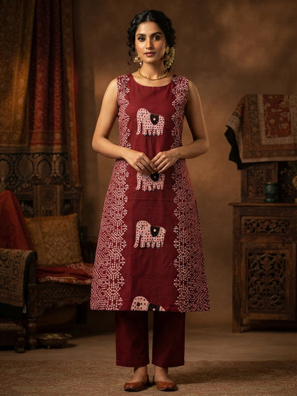 Red bandhani and elephant print co-ord set