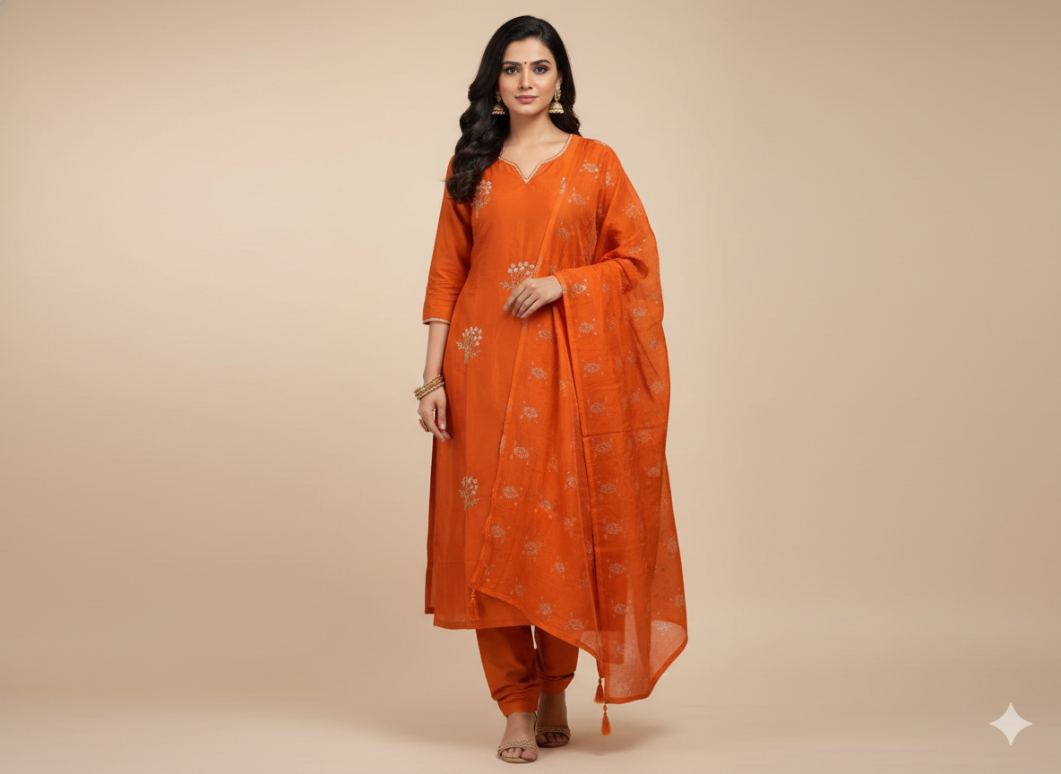 Rust orange silk kurta set with full body embroidered work and zari duppatta