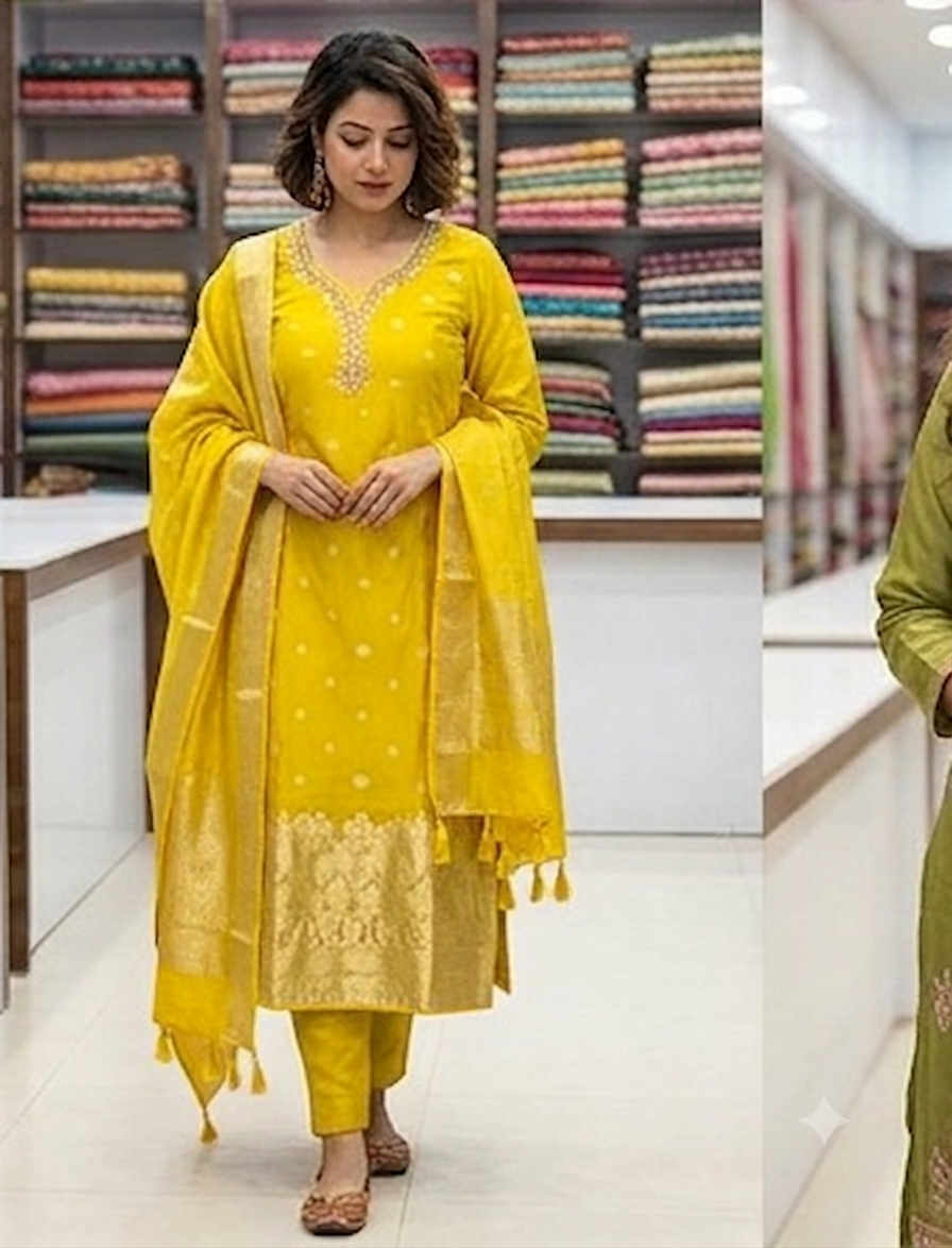 Yellow silk with meenakari dupatta