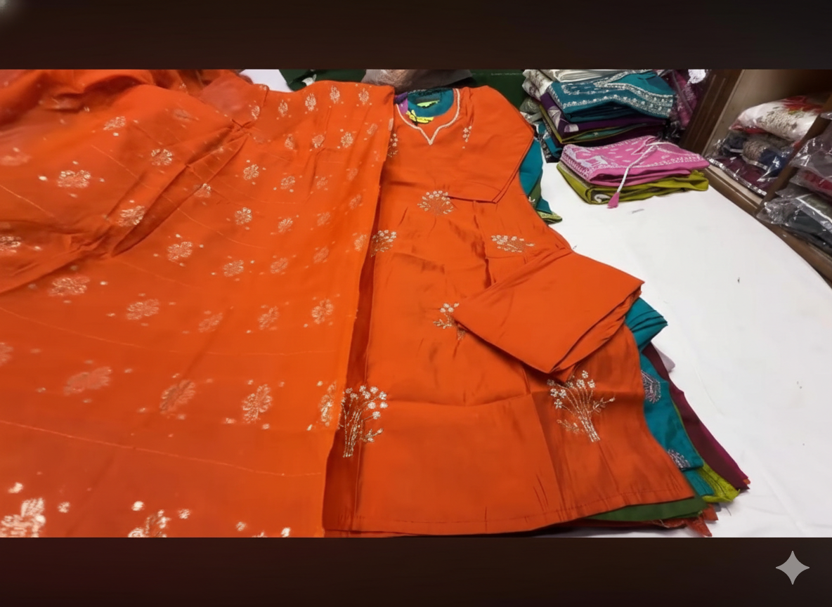 Rust orange silk kurta set with full body embroidered work and zari duppatta