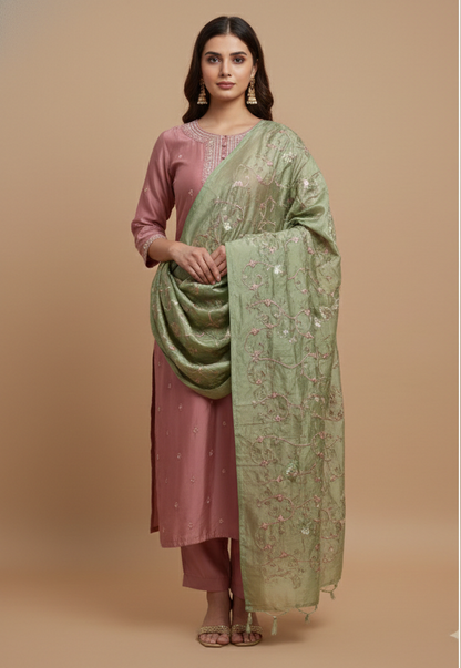 Peach and green silk kurtaset with fully embroidered dupatta