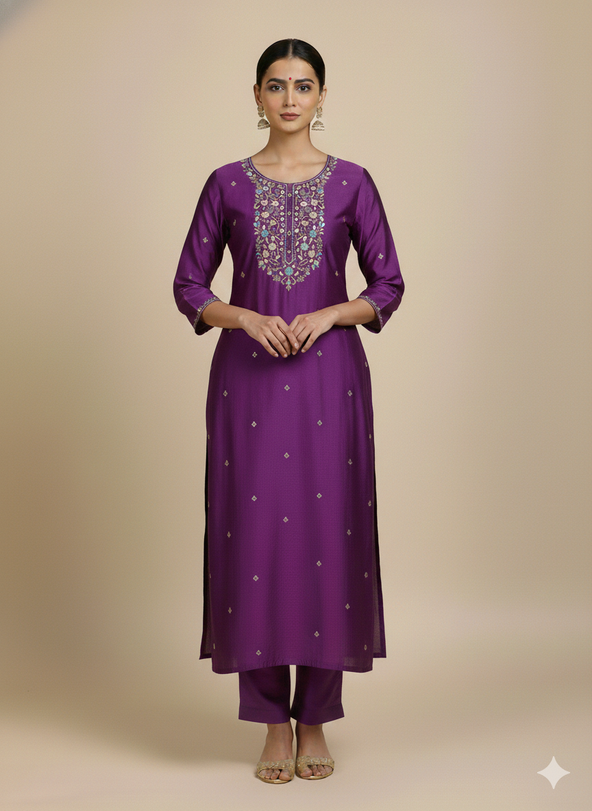 Purple with teal blue silk kurta set
