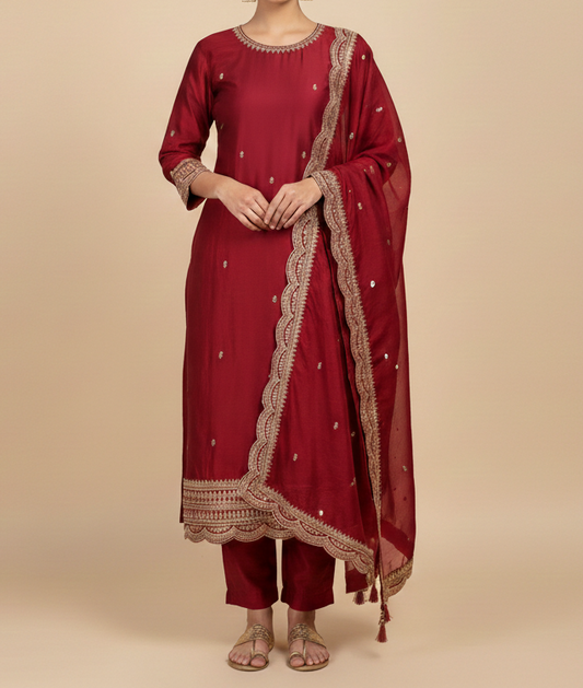 Red vichitra silk cut work kurta and cut work dupatta