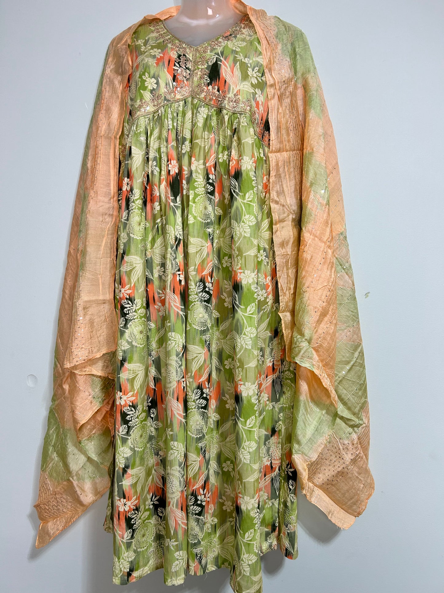 Subtle apple green and orange alia cut kurta set