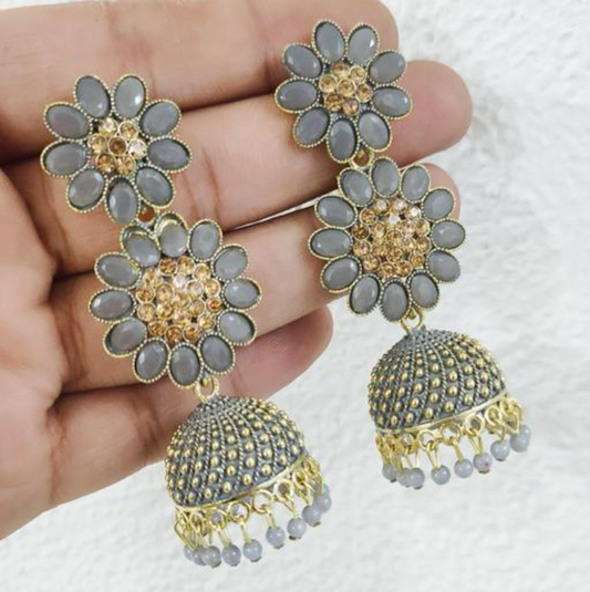 Double floral design gray stoned earrings