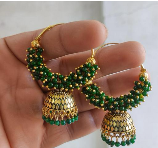 Traditional Hoop Jhumka - Gold plated and green beads