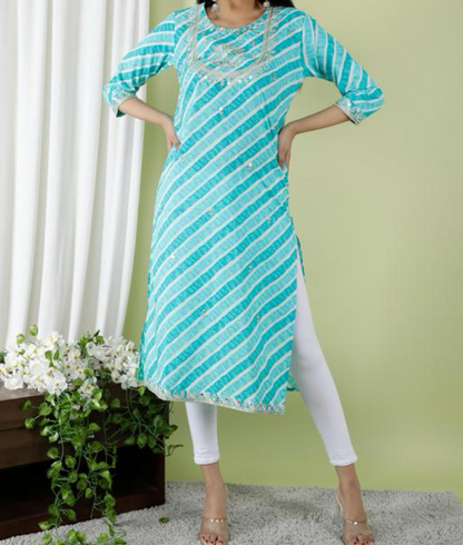 Light blue leheriya Kurta with zari embroidery all over