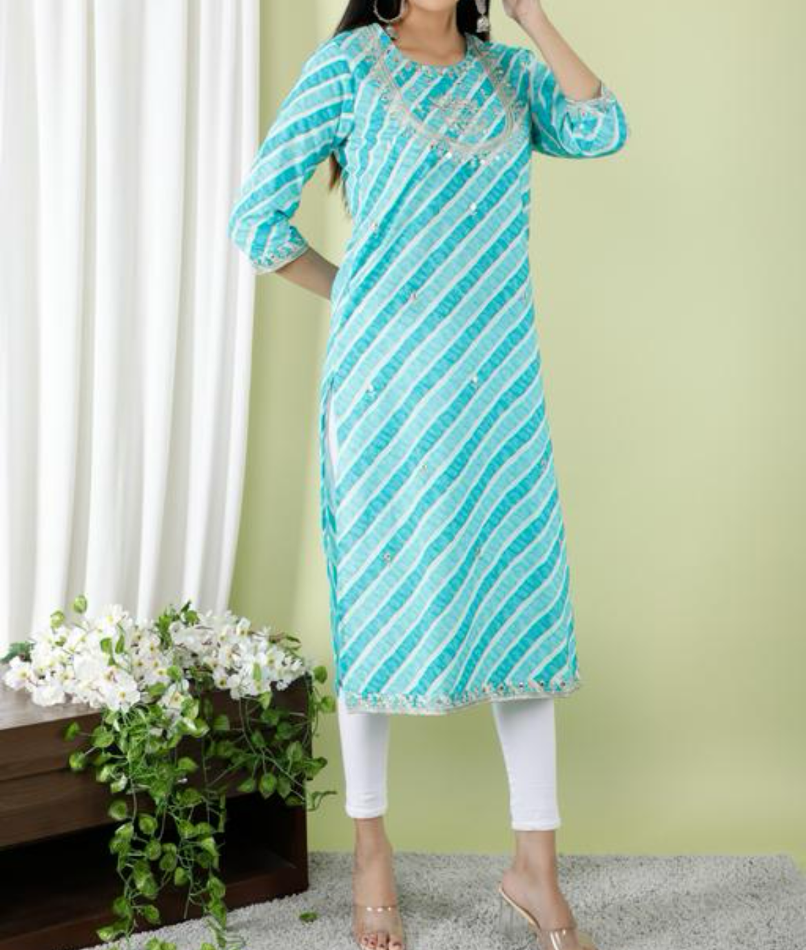 Light blue leheriya Kurta with zari embroidery all over