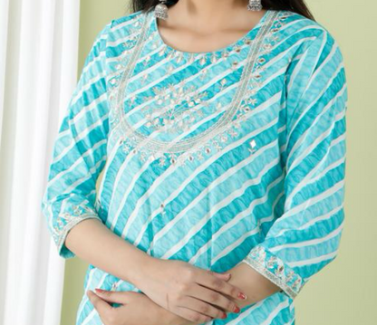 Light blue leheriya Kurta with zari embroidery all over