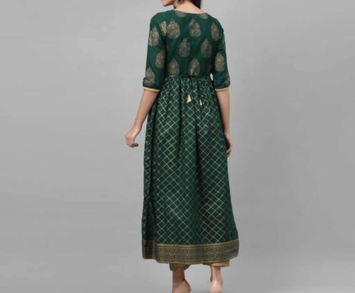 Emerald green gold printed anarkali kurta