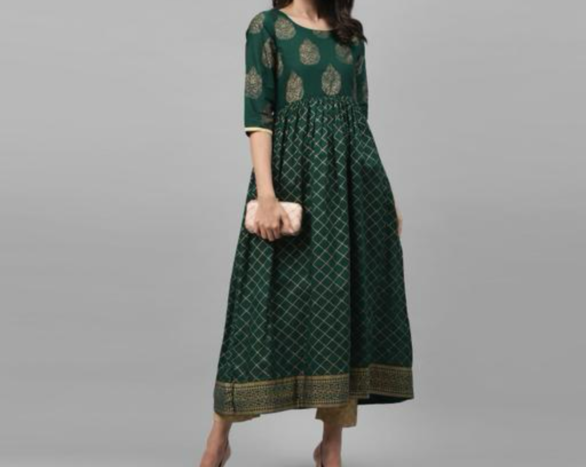 Emerald green gold printed anarkali kurta