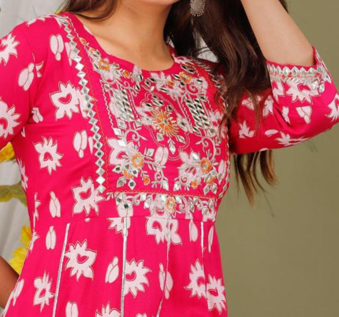 Embroidered Fuchsia pink flower print anarkali kurta