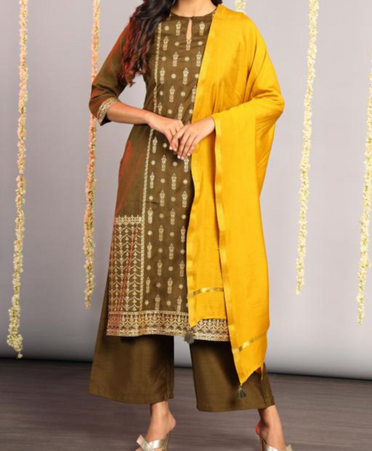 Olive green silk kurta with palazzo and dupatta