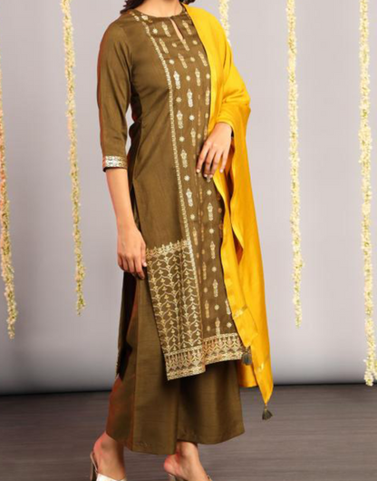 Olive green silk kurta with palazzo and dupatta