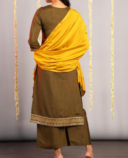 Olive green silk kurta with palazzo and dupatta