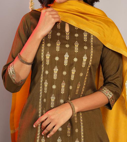 Olive green silk kurta with palazzo and dupatta