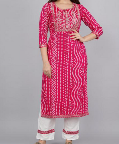 Beautiful embroidered Bandhani kurtaset (Pink)