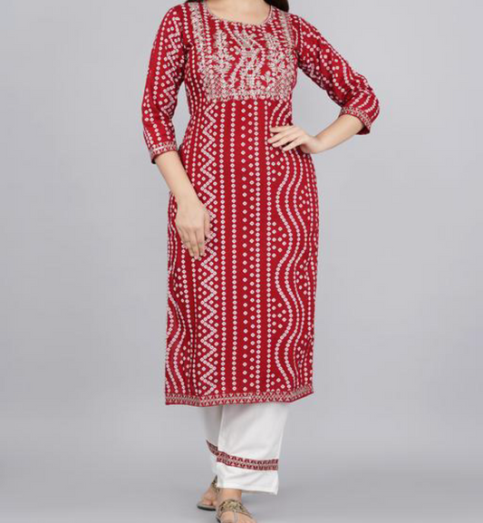 Beautiful embroidered Bandhani kurtaset (Classic Red)