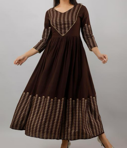 Coffee Brown Gold printed anarkali kurta