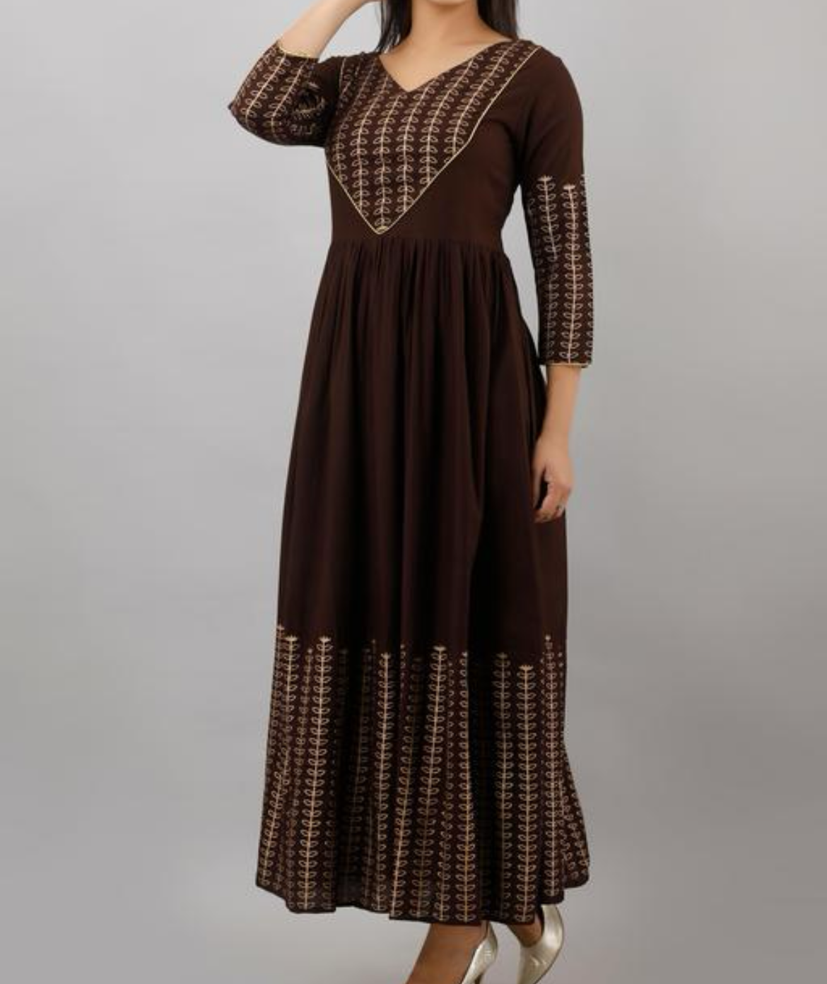 Coffee Brown Gold printed anarkali kurta