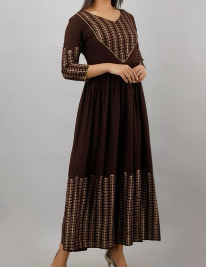 Coffee Brown Gold printed anarkali kurta