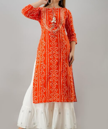 Bandhej orange kurta set with gota detail