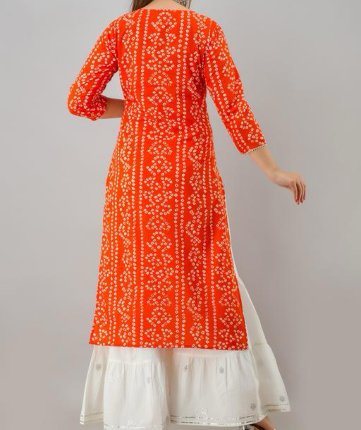 Bandhej orange kurta set with gota detail