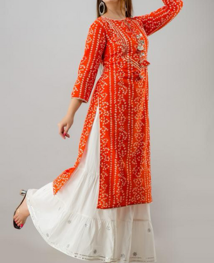 Bandhej orange kurta set with gota detail