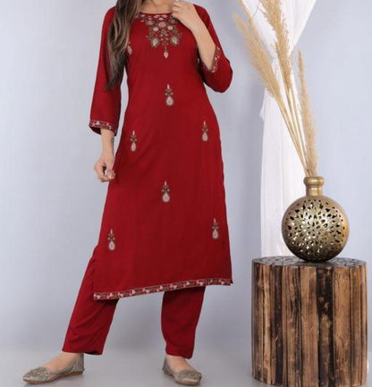 Fully embroidered rayon kurta dupatta set