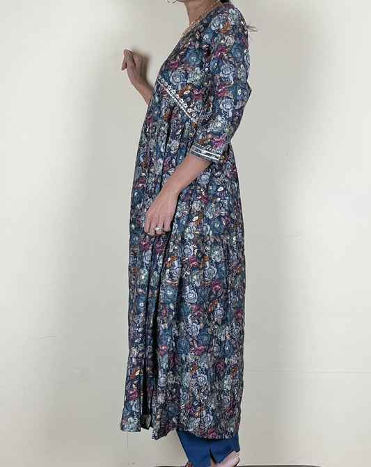 Pretty blue flower print alia cut kurta set