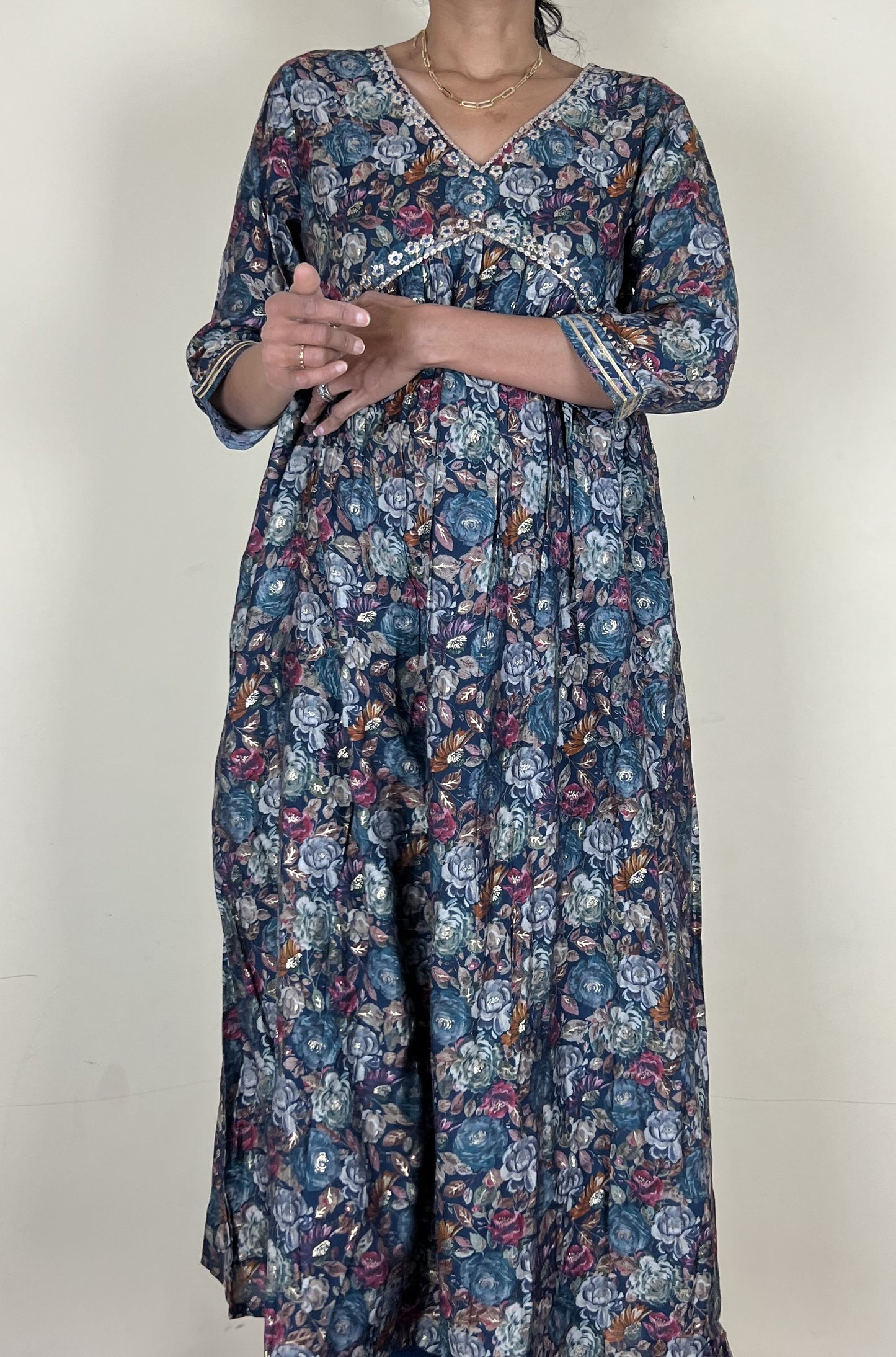 Pretty blue flower print alia cut kurta set