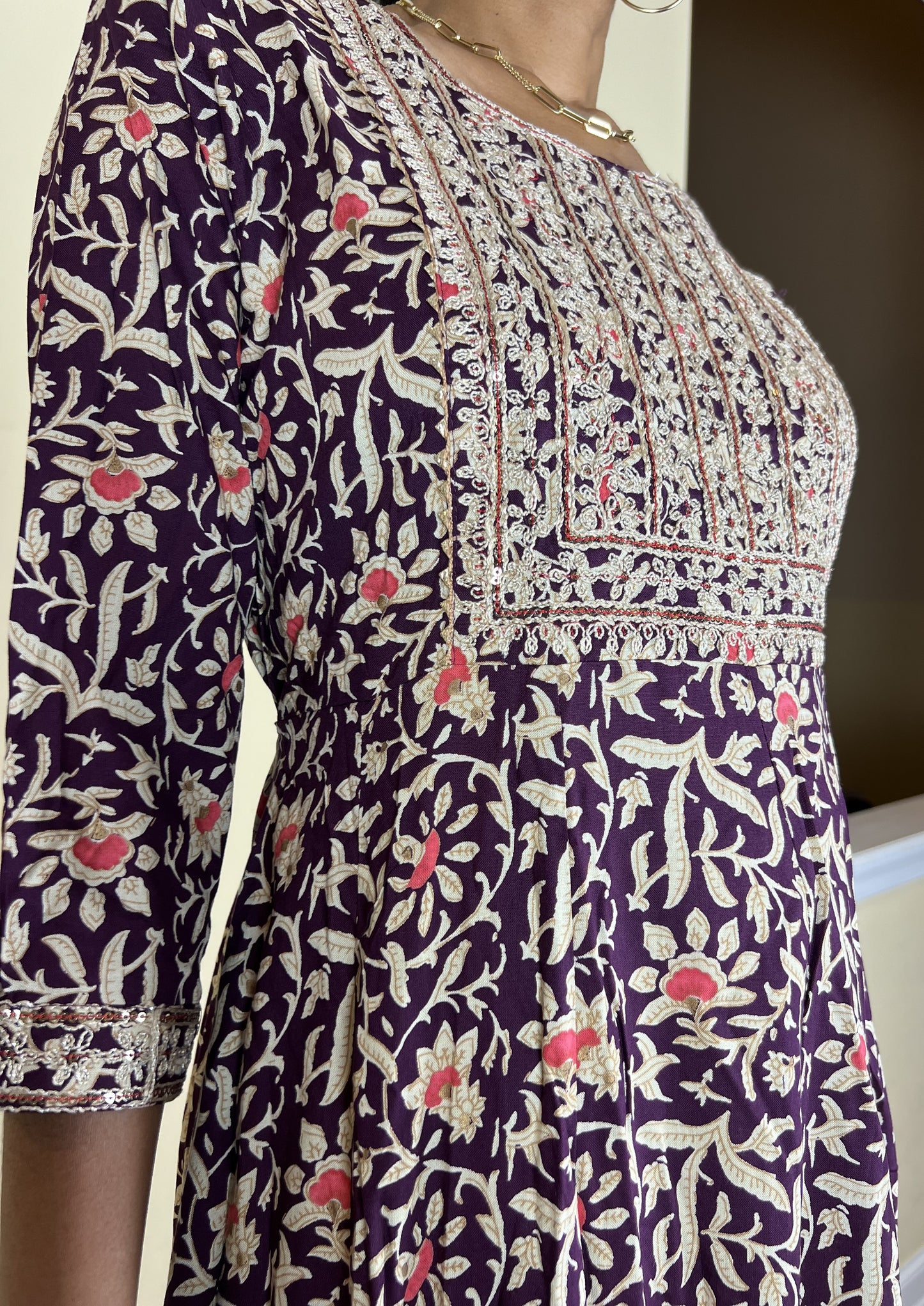 Purple flower print anarkali dress