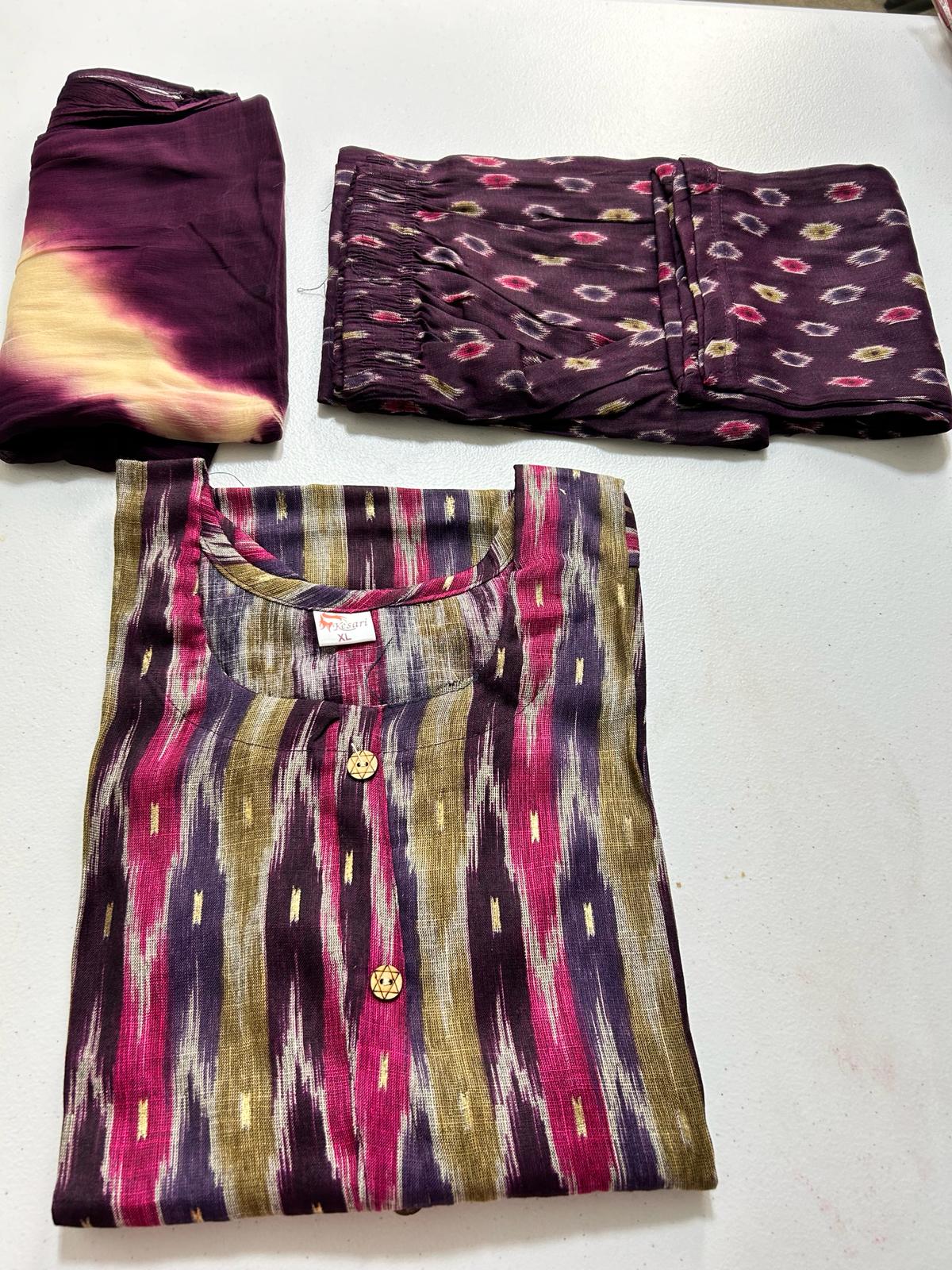 Purple Ikkat print kurtaset with dupatta