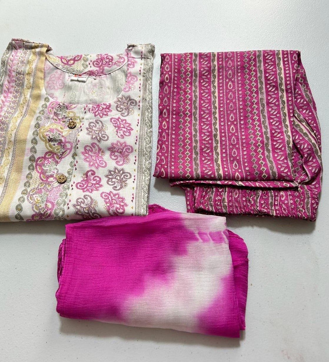 Pink stripe like print kurta set with dupatta