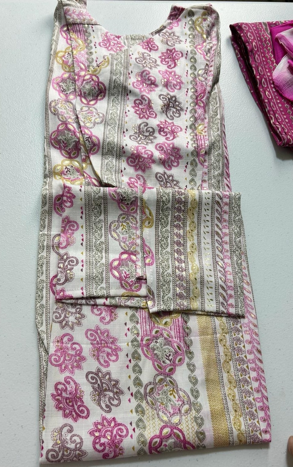 Pink stripe like print kurta set with dupatta