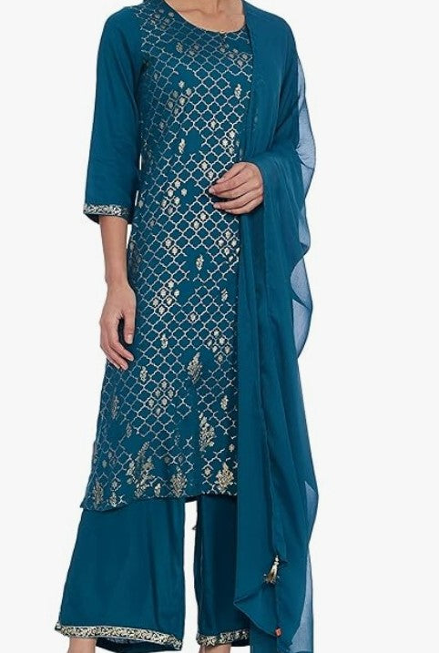 Teal  blue silk kurta dupatta set