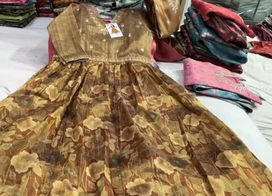 Tissue silk anarkali V neck kurta (light brown)