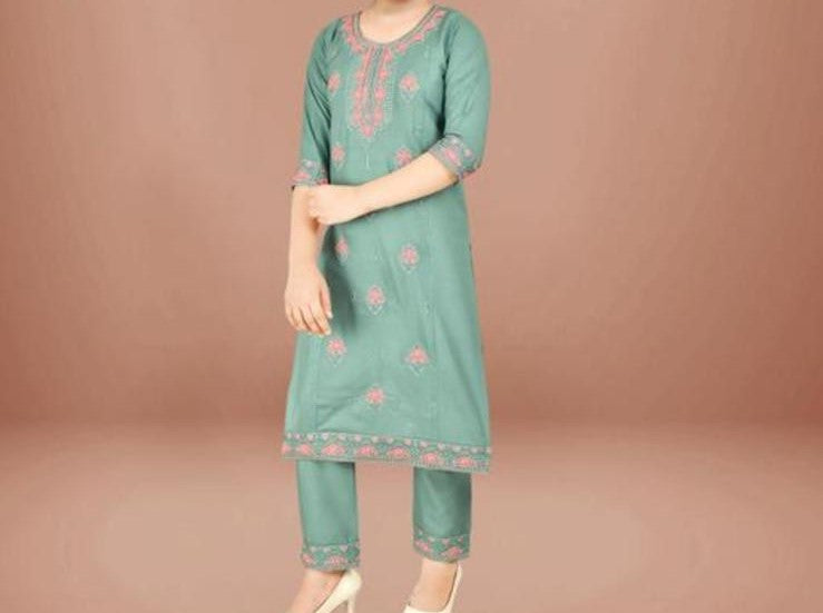 Light green embroidered kids kurta set