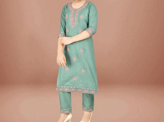 Light green embroidered kids kurta set
